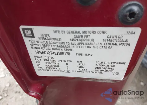 2005 Chevrolet Tahoe Ls z USA, uszkodzony, nr VIN 1GNEC13T45J180178